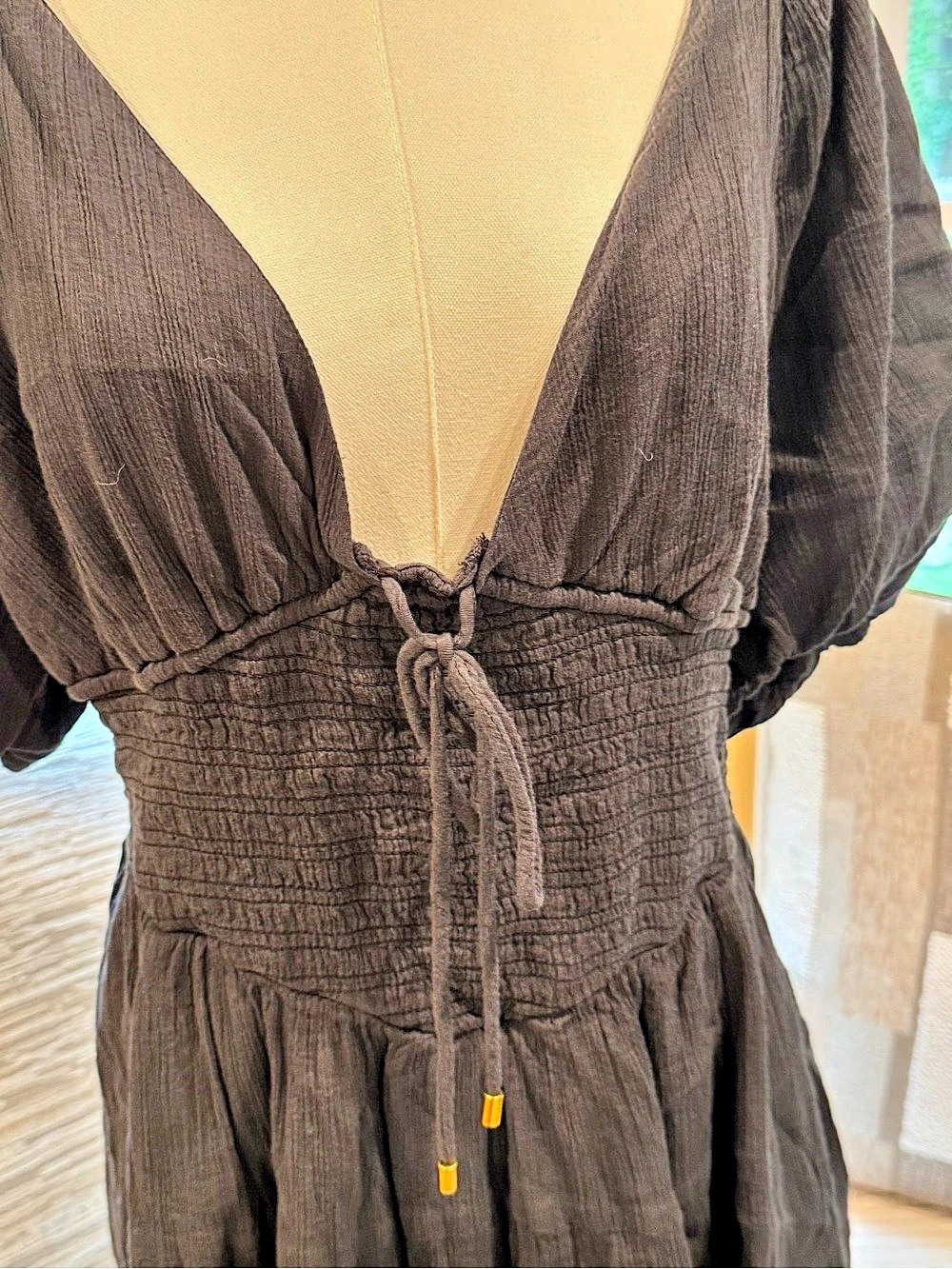 Free People Puff Sleeve Mini Dress in Black Size Large. Never worn